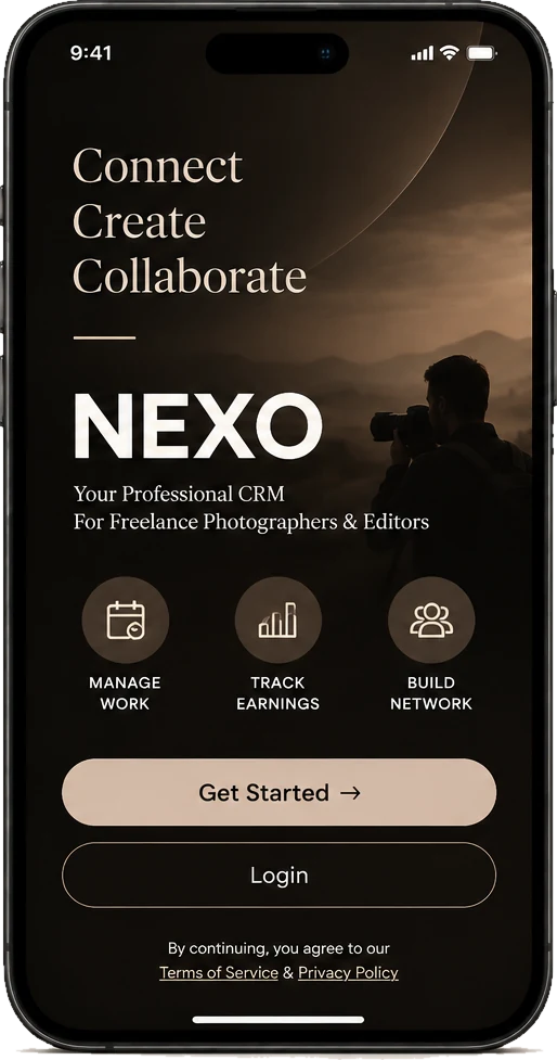 NEXO welcome screen with the tagline Connect, Create, Collaborate